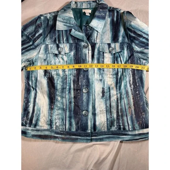Chicos Women’s Metallic Blue White Splash Design Blazer Jacket Size XL - Picture 8 of 10